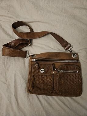 Roots Tan Woven Leather Crossbody Bag with Front Pockets